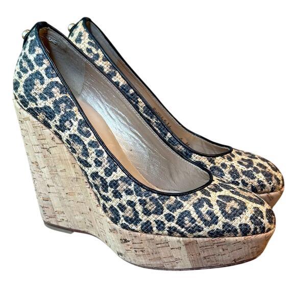 Stuart Weitzman Women’s Raffia Leopard Chetah Leather Cork Wedge Pumps Size 6 - Picture 1 of 10